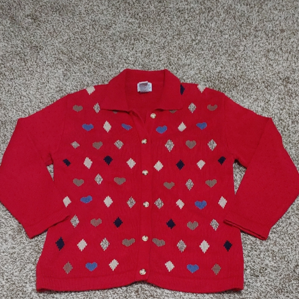 VTG Koret City Blues Women's Red Cardigan Sweater Solitaire Hearts & Diamonds